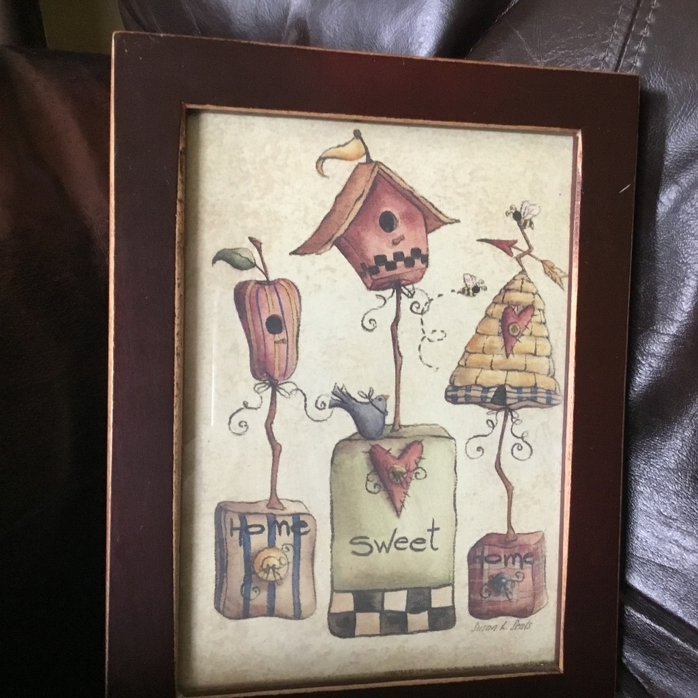 Pretty Birdhouse Picture With Burgundy/Brown Frame